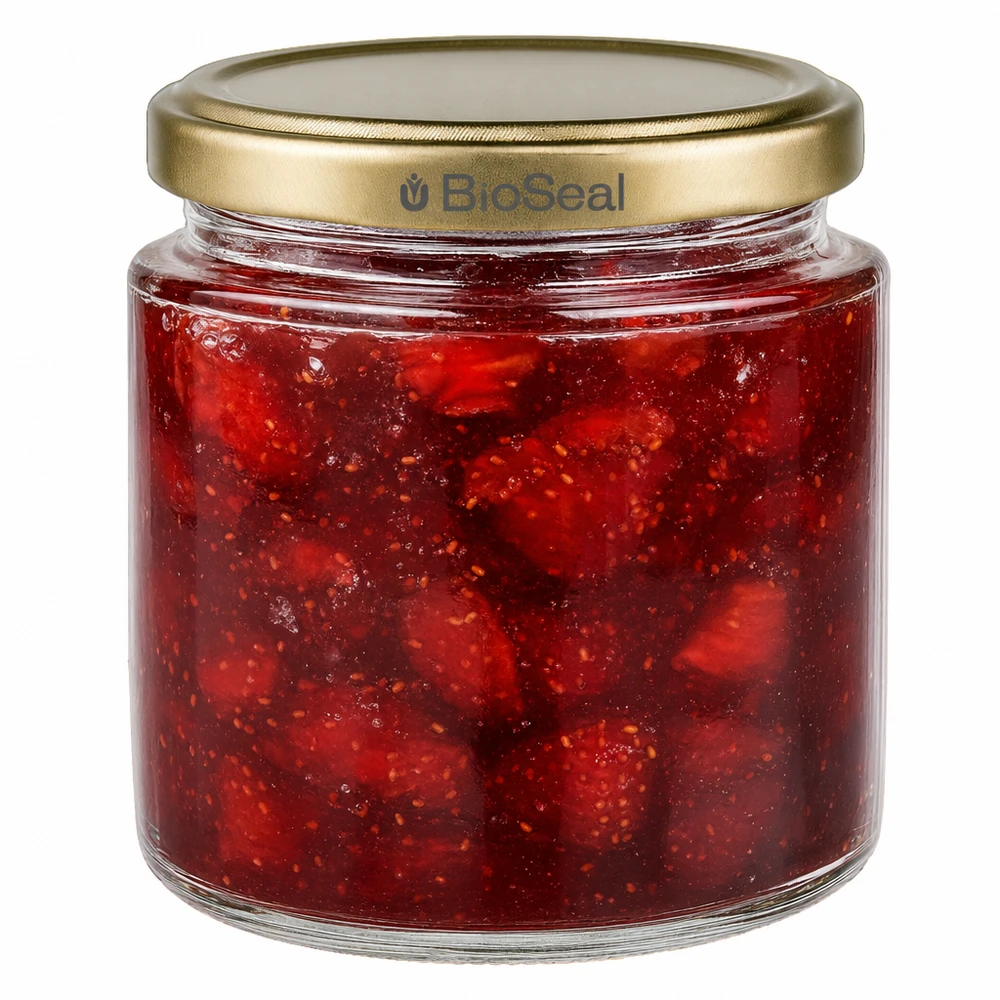 350g Honigglas + BioSeal Deckel gold UNiTWIST BioSeal 250ml hunajapurkki kotitekoisella mansikkahillolla, kultainen UNiTWIST-kansi hillolle ja hedelmälevitteelle.