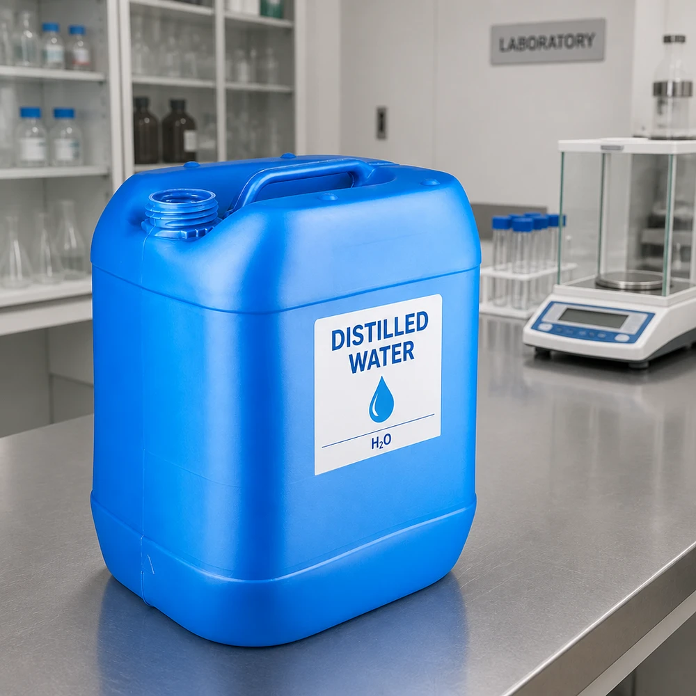 Tyhjä 20 litran sininen kanisteri ilman kantta laboratorio- ja teollisuuskäyttöön, varustettu tukevalla kahvalla
