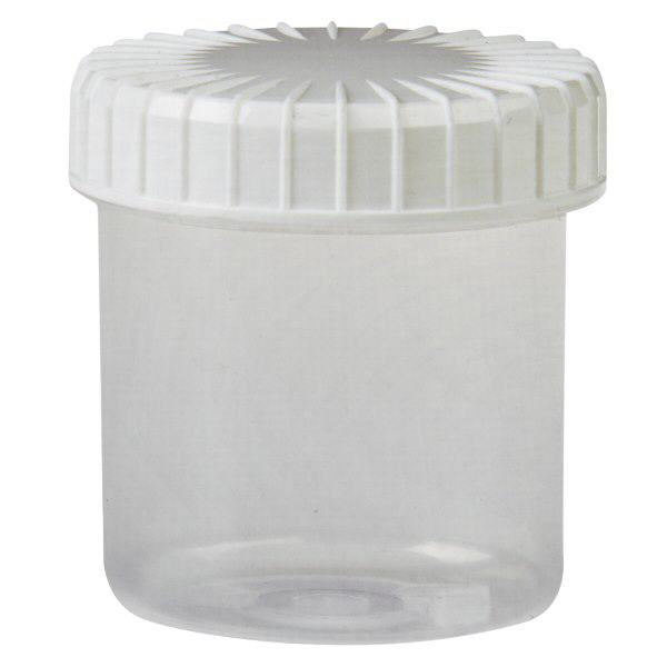 Läpinäkyvä kierrekorkkipurkki 75 ml, jossa on uritettu musta korkki. Läpinäkyvä kierrekorkkipurkki 75 ml, jossa on uritettu musta korkki.