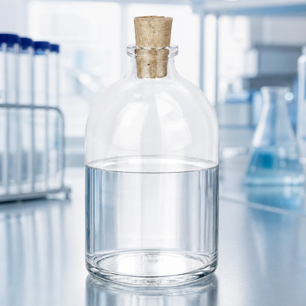 Kirkas lasipullo 100ml, jossa on korkki 11/14mm Handliche Glasflasche 100ml Korkverschluss auf Edelstahloberfläche in professioneller Laborumgebung