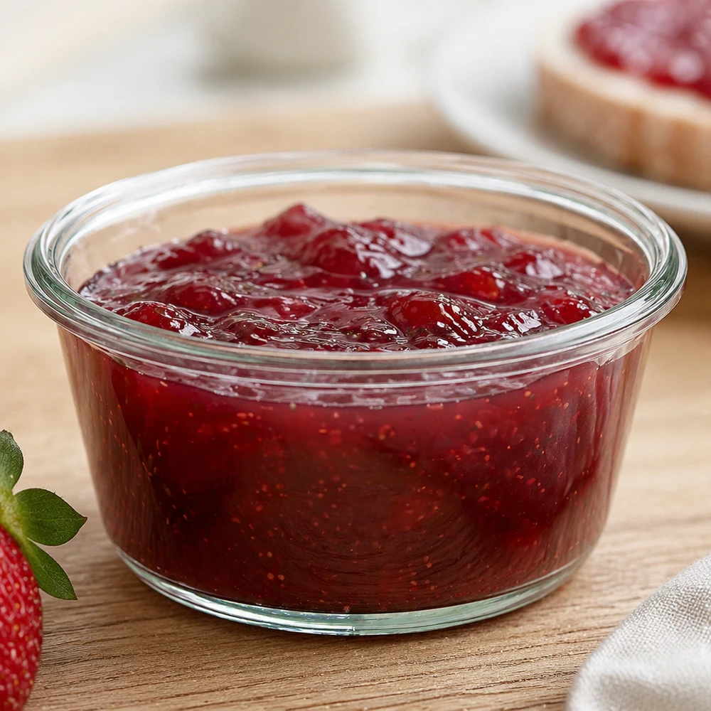 WECK RR100 290ml gourmet-purkki täynnä mansikkahilloa keittiön laudalla mansikan ja leivän ja hillon vieressä.