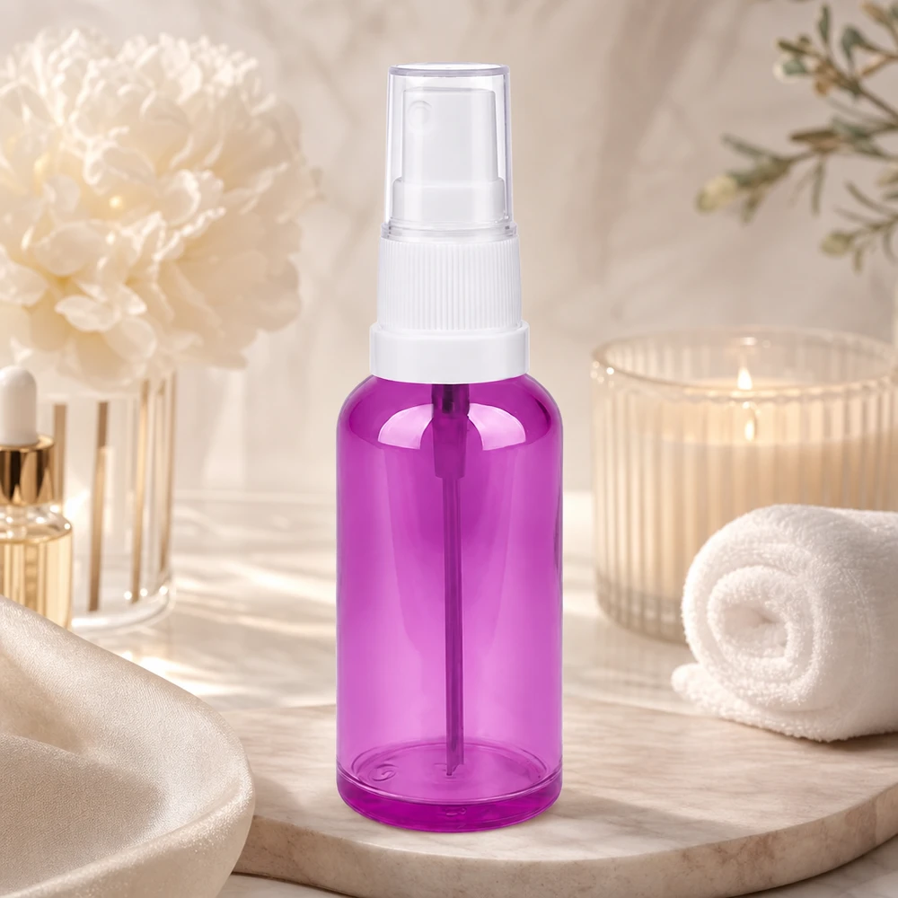 50ml ruiskupullo valkoinen/läpinäkyvä Standard PurpleLine UT18/50 50ml pumppusumutinpullo STD-kierre läpinäkyvä violetti kasvoveden ja kasvoveden väriaineelle