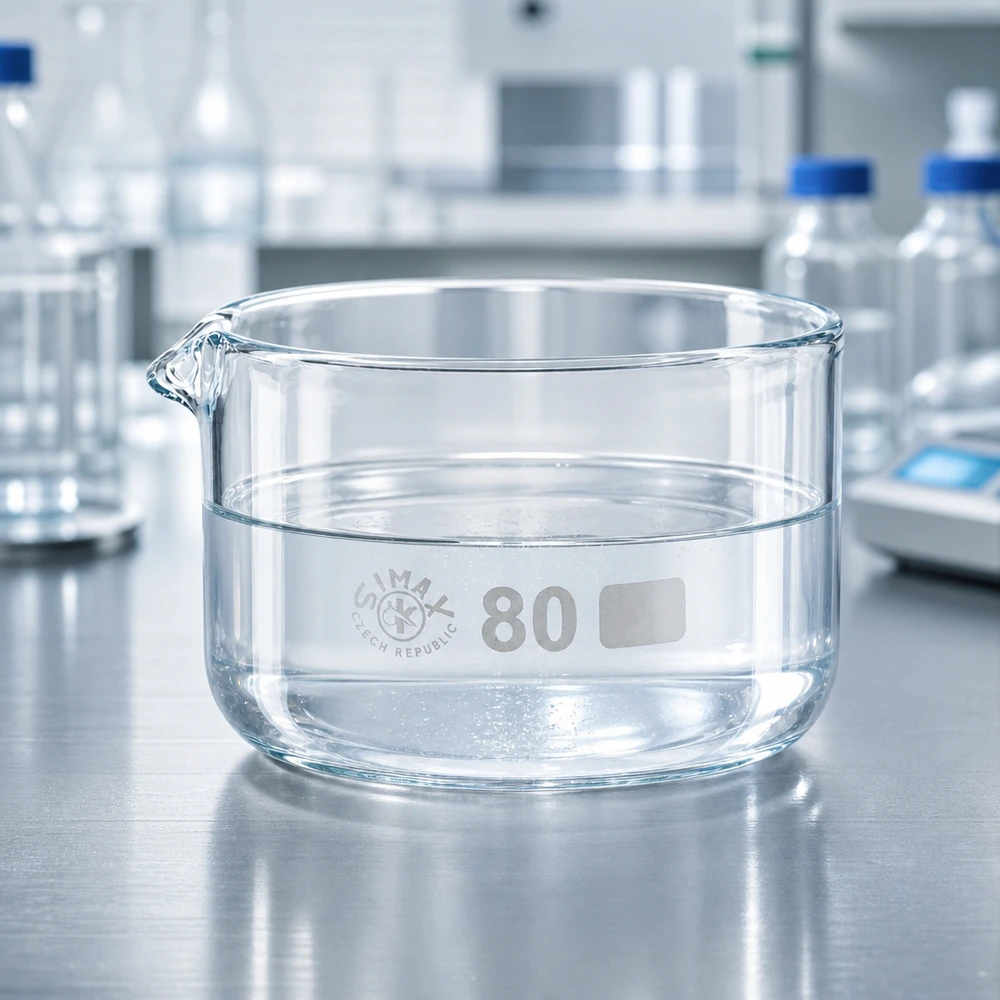 Matala, sylinterimäinen 150 ml:n kiteytysastia, jossa on kaatonokka, ruostumattomasta teräksestä valmistetulla pinnalla laboratoriossa
