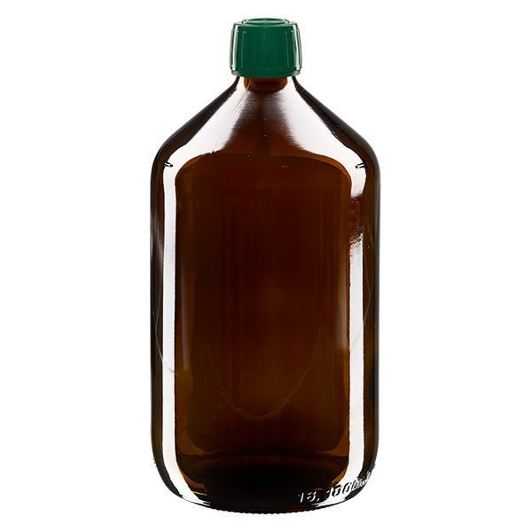 1000ml lääkepullo ruskea, korkki vihreä, jossa peukaloinninestosormus ApoGlas 1000ml lääkepullo ruskea, korkki vihreä, jossa peukaloinninestosormus ApoGlas