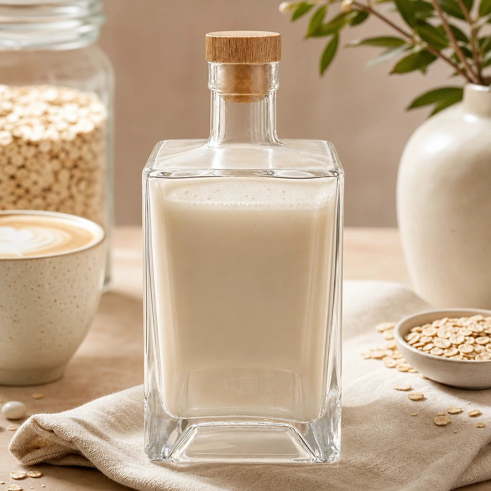 700ml lasipullo Ben täynnä kauramaitoa kaurahiutaleiden ja kahvikupin vieressä luonnollinen keittiön maisema UNiTWIST
