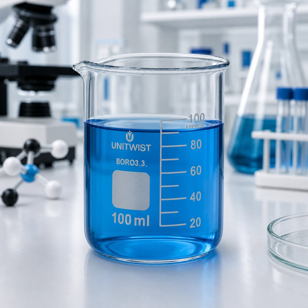 UNiTWIST-lasimalja, 100 ml, borosilikaattia, matala malli, jossa on sinistä nestettä laboratoriossa