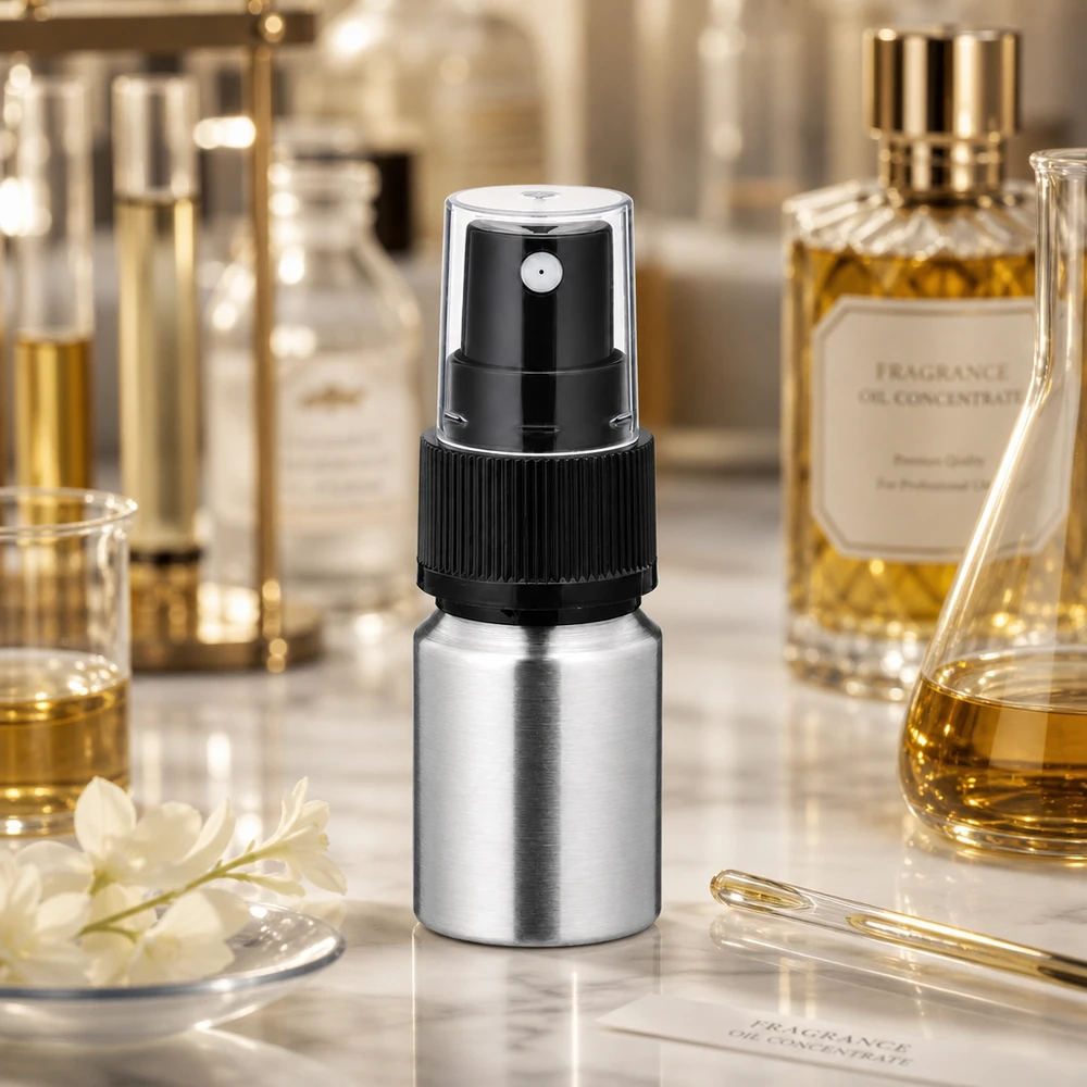 10ml kiillotettu alumiinipullo, jossa on sumutin. 10ml kiillotettu alumiinipullo suihkupumpulla - ammattimainen pakkausratkaisu nestemäiselle kosmetiikalle.