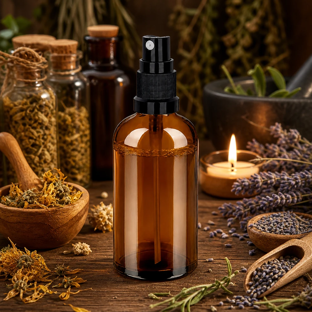 100ml suihkepullo musta vakiokorkki BrownLine UT18/100 Korkealaatuinen 100ml meripihkanvärinen lasipullo STD BrownLine suihkupumpulla luonnonkosmetiikkatuotteille.