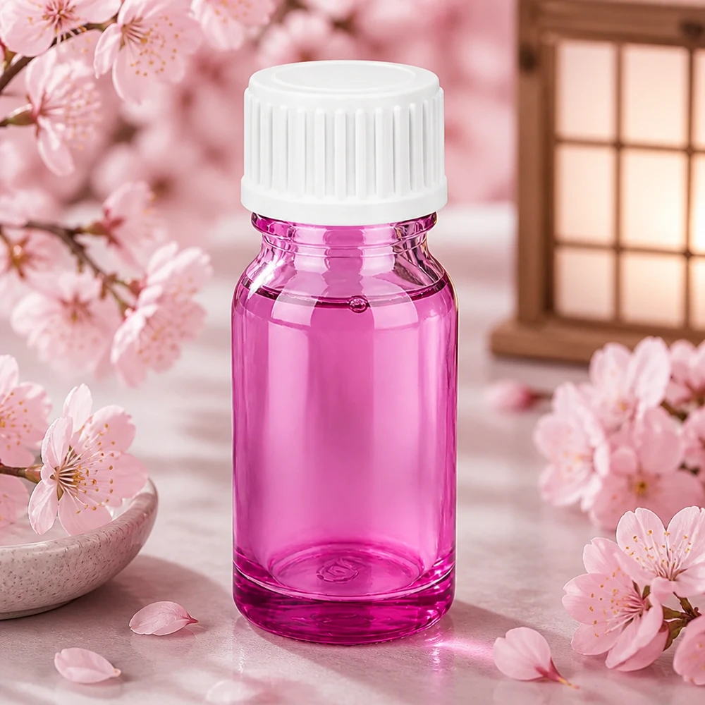 Kompakti 10 ml:n lasipullo violetissa värissä ja valkoisella korkilla liikkuvaan aromaterapiaan tien päällä.