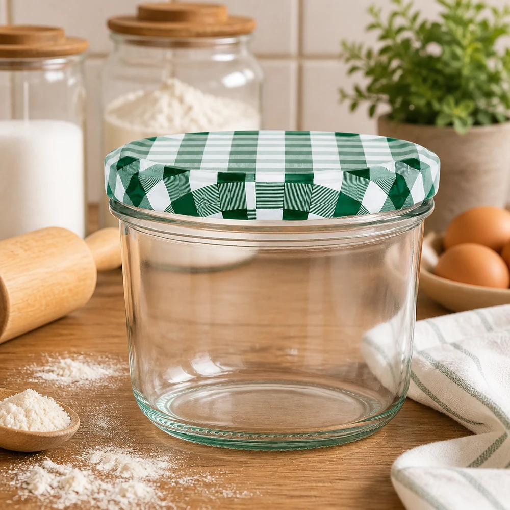 230ml juomalasit + BasicSeal-kansi vihreä/valkoinen UNiTWIST Tyhjät 230ml juomalasit BasicSeal kansi vihreä ja valkoinen ruutukuvioitu keittiö kohtaus jauhot munat puulauta säilöntäpurkki