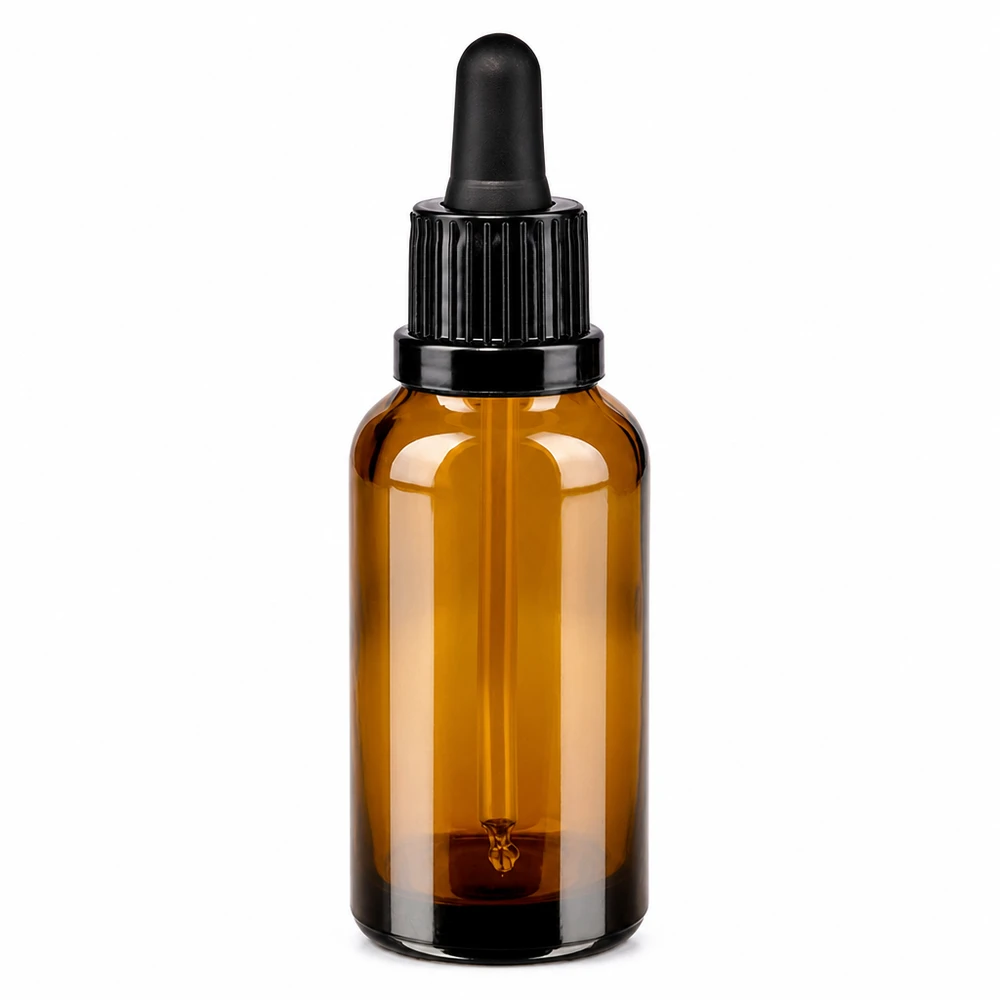 30ml meripihkanvärinen lasipipettipullo mustalla korkilla eteerisille öljyille ja seerumeille.