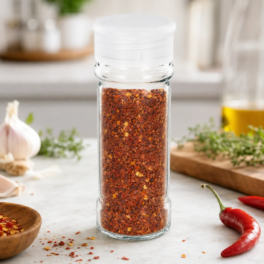 100 ml:n maustepurkki, täytetty chilihiutaleilla ja varustettu valkoisella ripottelukannella