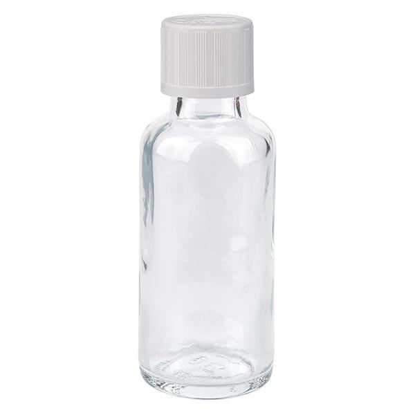 Apteekkipullo kirkas 30ml kierrekorkki valkoinen lapsiturvallinen standardi Apteekkipullo kirkas 30ml kierrekorkki valkoinen lapsiturvallinen standardi