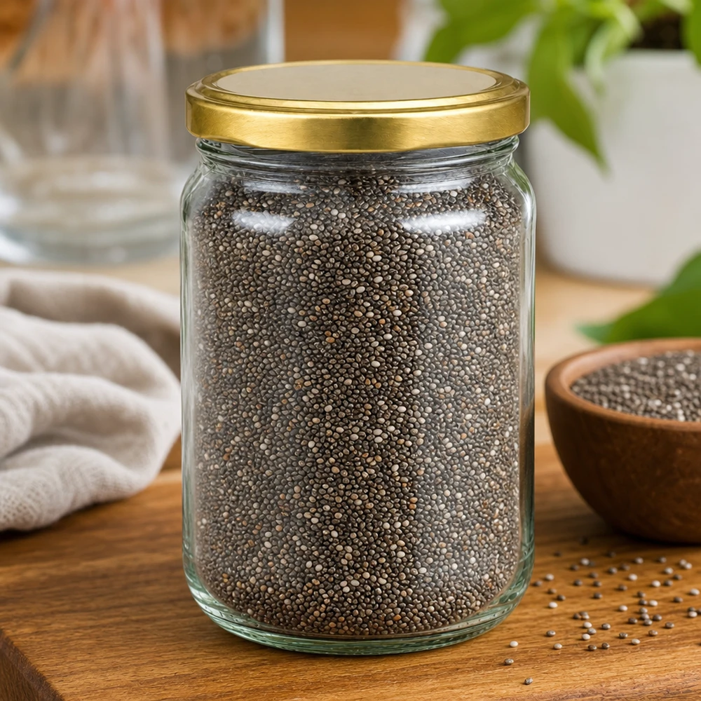 305ml Rundglas UNiTWIST mit goldenem Deckel gefüllt mit Chiasamen - praktisches Vorratsglas für Küche