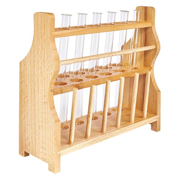 Puinen koeputkiteline, jossa on 12 borosilikaattikoeputkea 100x12