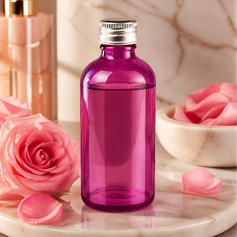 100ml pullo. 11mm ruuvikorkki alumiini-hopea vakio PurpleLine. UT18/100 Korkealaatuinen 100 ml:n violetti lasipullo kosmetiikkatuotteille, jossa on kestävä alumiinikansi.