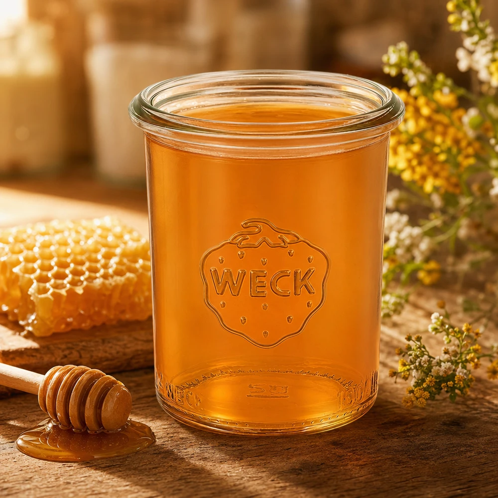 160ml lasipurkki WECK RR60 täynnä hunajaa puupöydällä, jossa on hunajakenno ja hunajalusikka luonnollinen koriste.