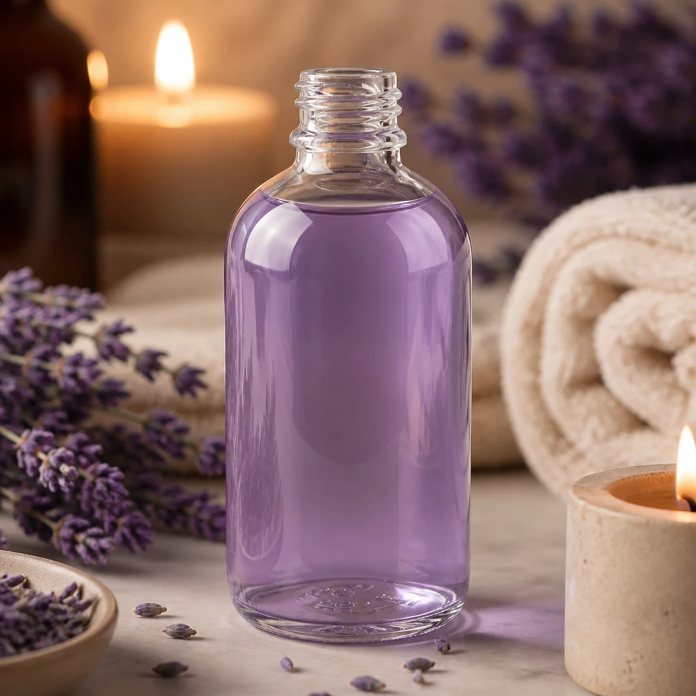 Läpinäkyvä 100 ml:n lasipullo, jossa on violettia nestettä, UNiTWIST ClearLine -apteekkipullo, DIN18
