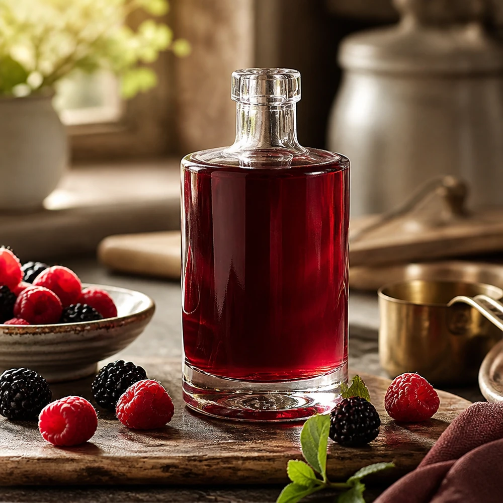 350ml Glasflasche "Marie" ohne Verschluss UNiTWIST 350ml Glasflasche Marie mit rotem Beerensaft befüllt umgeben von frischen Himbeeren und Brombeeren rustikale Küche Bild