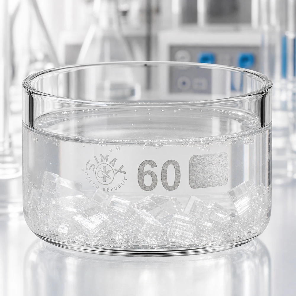 60ml kiteytysastia ilman kantta borosilikaatti ø60mm Läpinäkyvä 60 ml:n laboratoriokristallisaatioastia, jossa on jääkuutioita ja vesikuplia tiedelaboratoriossa