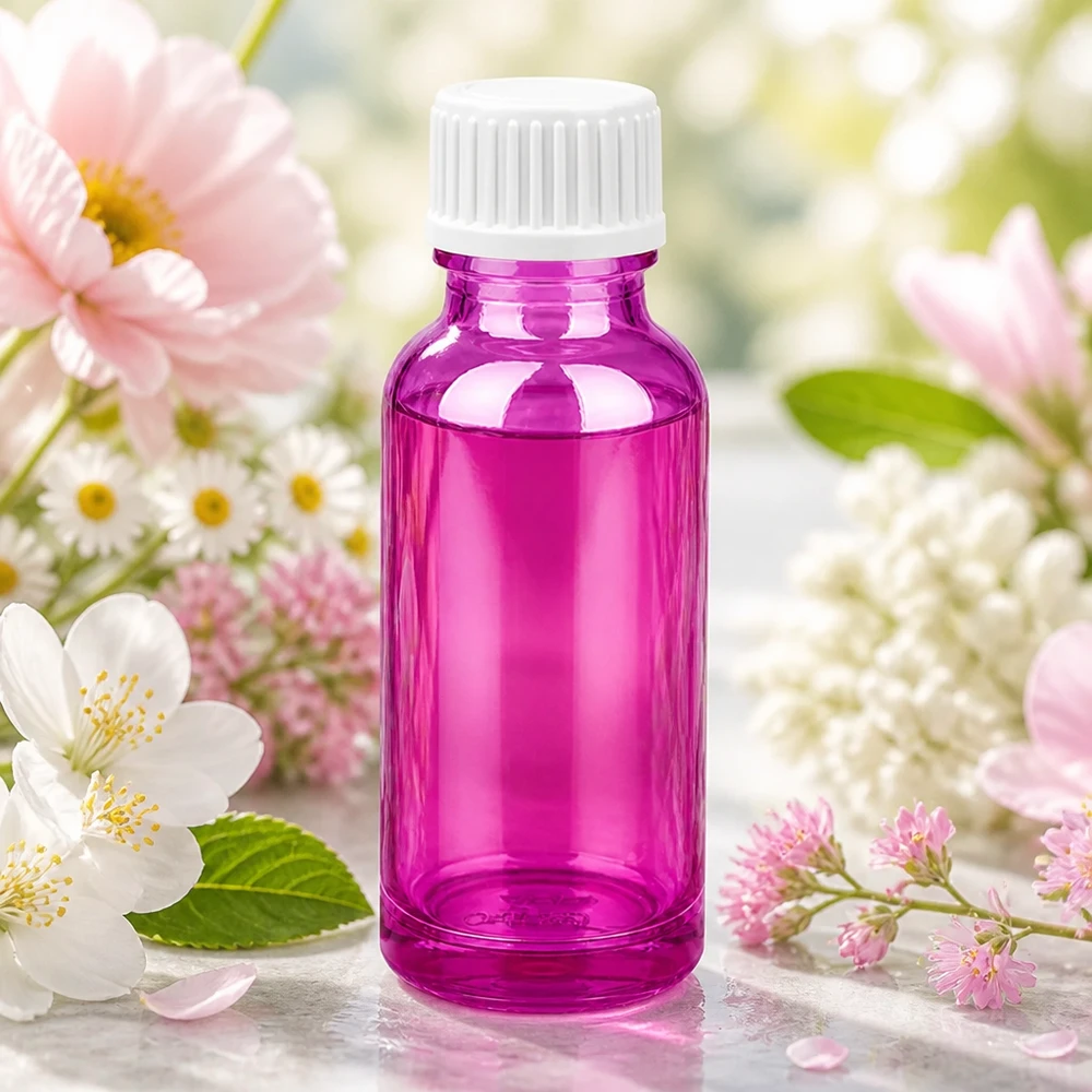 20ml tippapullo 0,9mm valkoinen standardi PurpleLine. UT18/20 Purppuranpunainen tippapullo 20ml valkoisella ruuvikorkilla aromaterapiaan ja luonnonkosmetiikkaan.