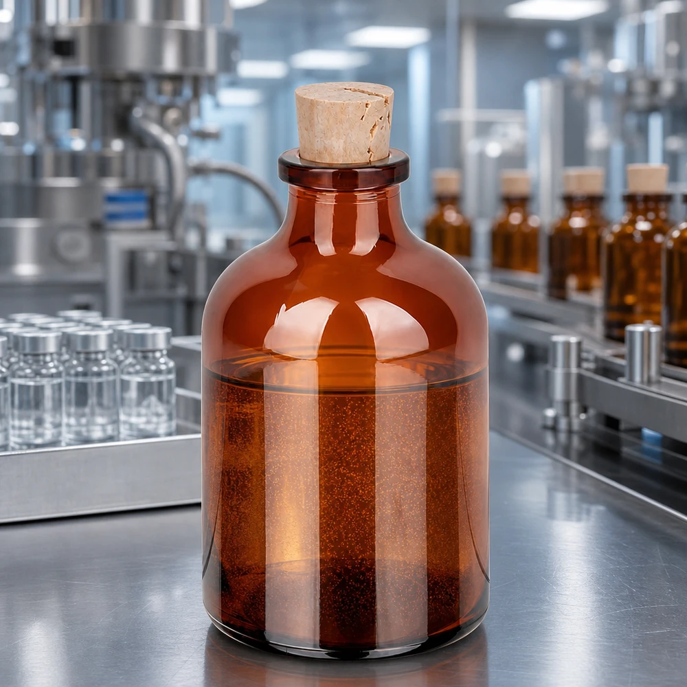 Meripihkanvärinen lasipullo 50ml korkilla 11/14mm. Braunglasflasche mit Korkstopfen 50ml zur sicheren Aufbewahrung organischer Lösungsmittel