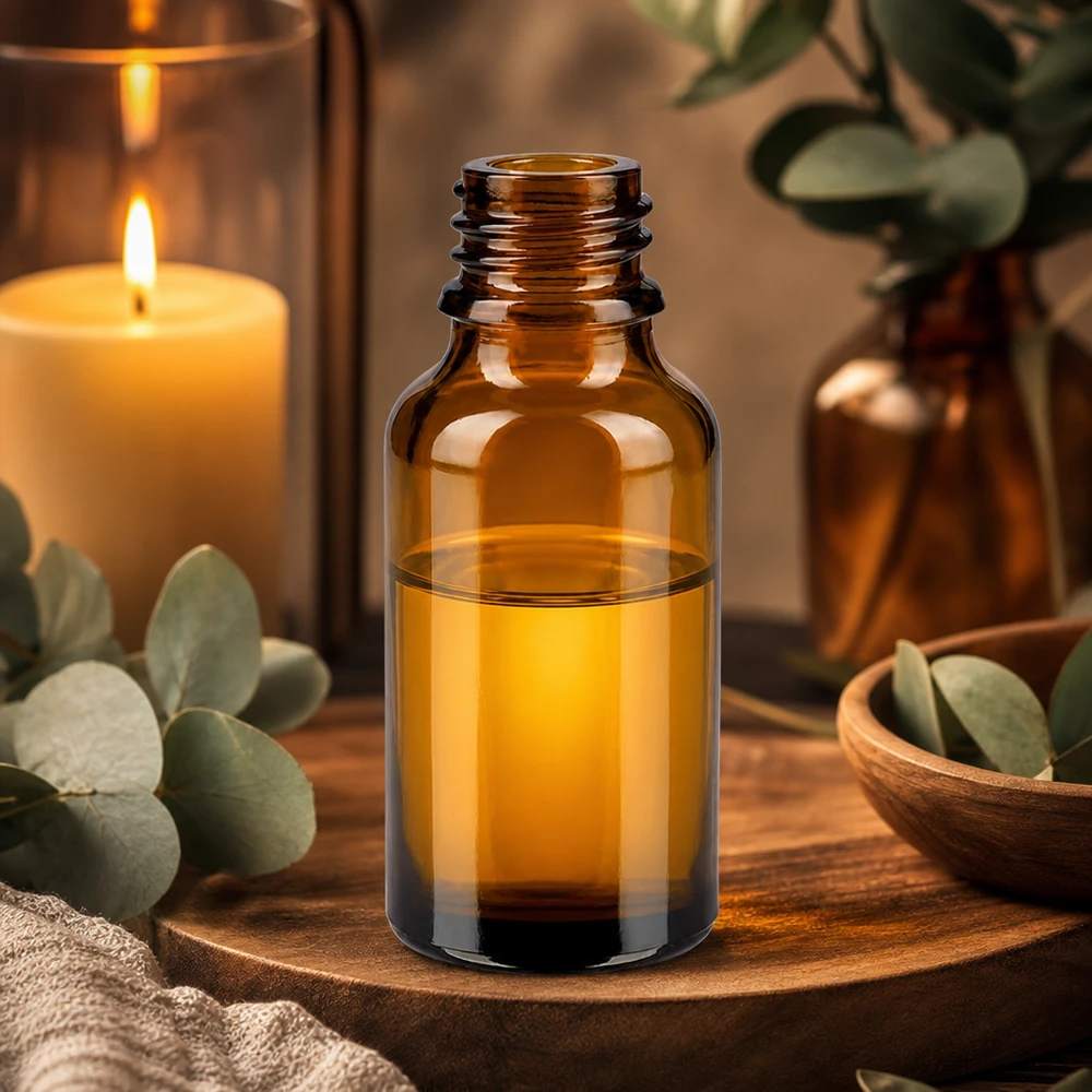 30ml ApoGlas meripihkanvärinen lasipullo ilman korkkia puulevyllä, jossa on eukalyptus ja kynttilä aromaterapian tunnelmassa.