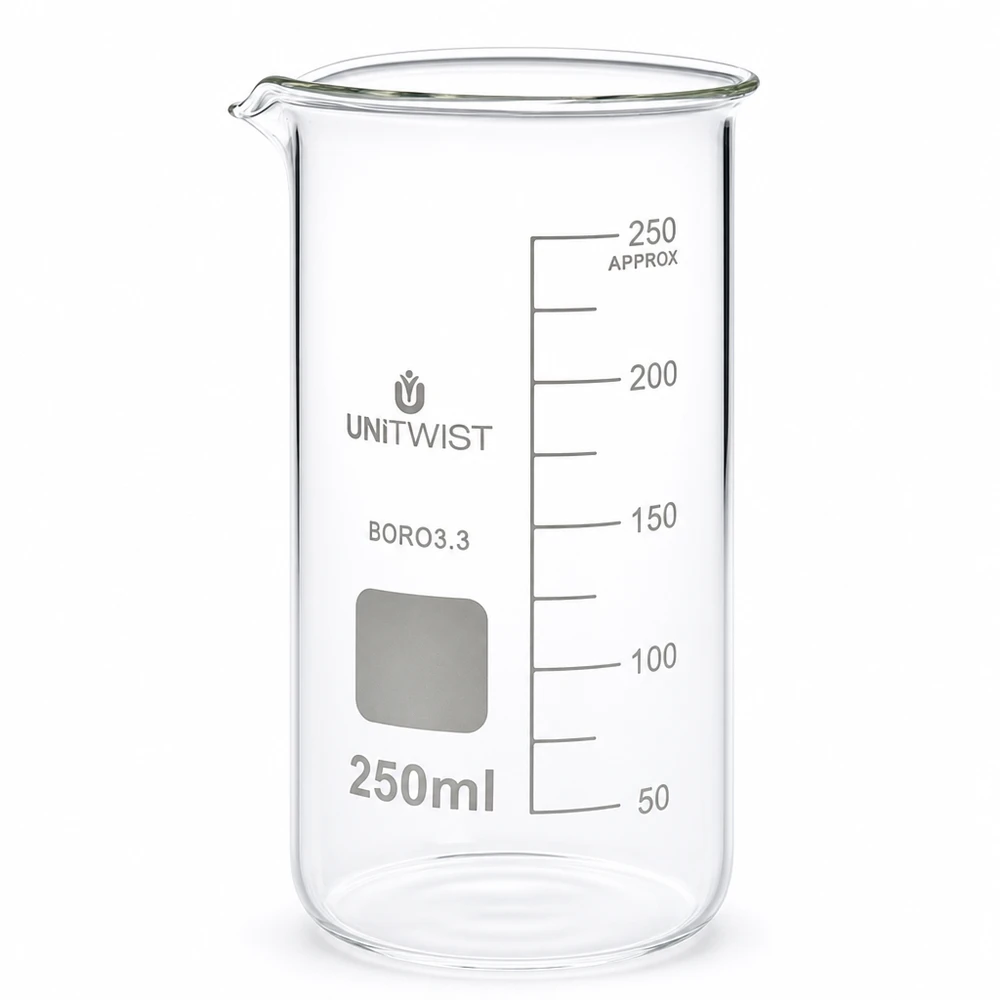 Lasi 250ml borosilikaatti, korkea muotti UNiTWIST UNITWISTin 250 ml:n korkea borosilikaattilasinen mittalasi, jossa on millilitra-asteikko