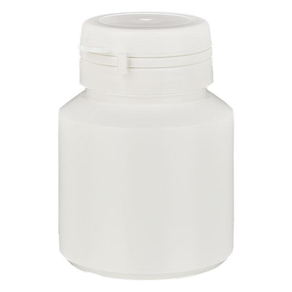 Kapselirasia 40 ml valkoinen, jossa Jaycap-sulkimella varustettu sulkimissuoja valkoinen Kapselirasia 40 ml valkoinen, jossa Jaycap-sulkimella varustettu sulkimissuoja valkoinen