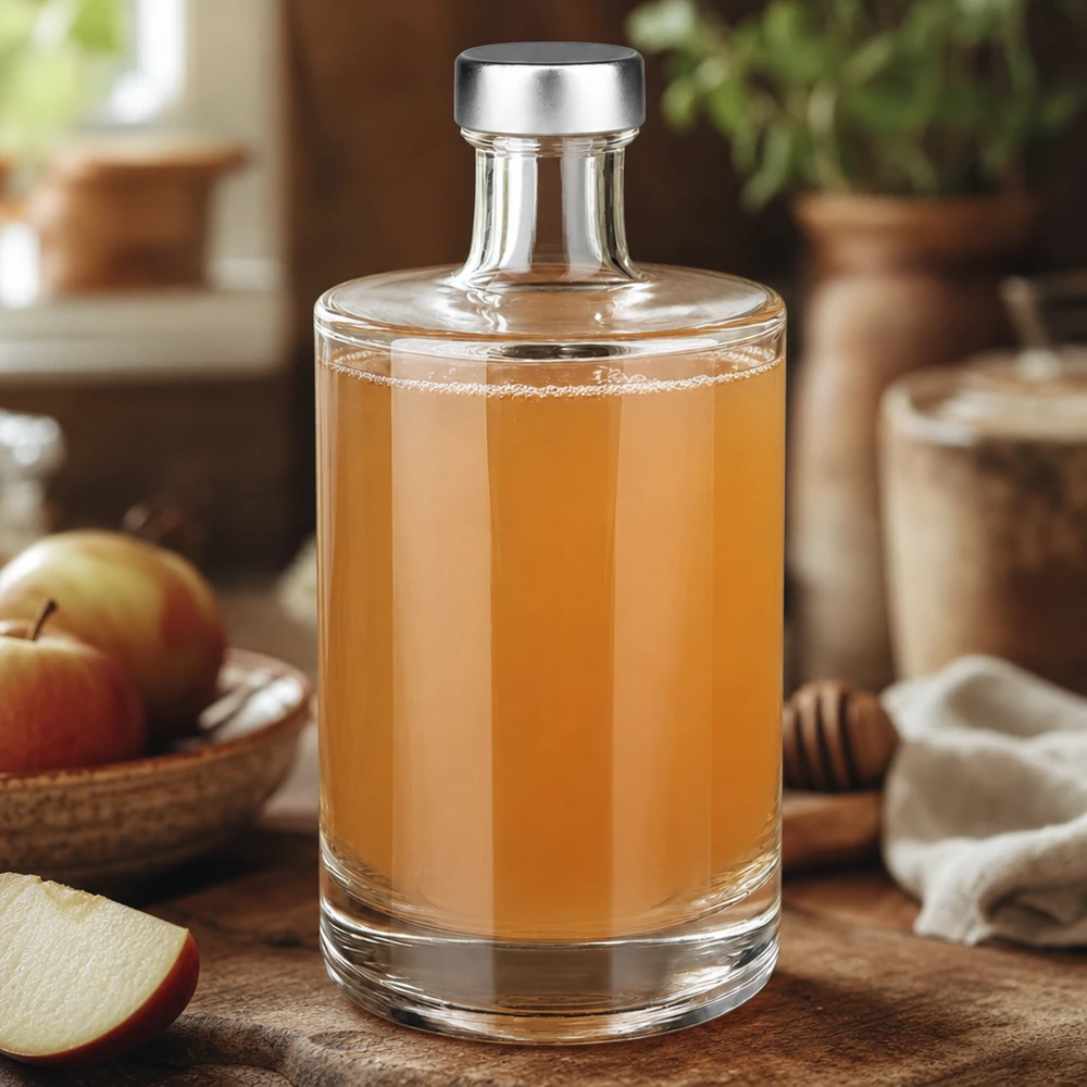 500ml lasipullo Sam täynnä omenamehua omenoiden ja hunajan vieressä luonnollinen keittiö lämmin puinen ilme