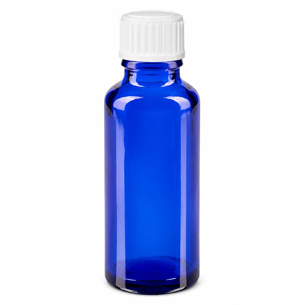 Apteekkipullo sininen 30ml ruuvikorkki valkoinen standardi 30 ml:n sininen lasinen apteekkipullo, jossa on valkoinen 11 mm:n kierrekorkki