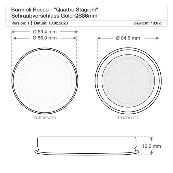 200ml "Quattro Stagioni" -mukit, joissa on kansi. Tekninen piirustus Bormioli Rocco Quattro Stagioni kansi QS86mm mitat Halkaisija 89.4mm Paino 18g