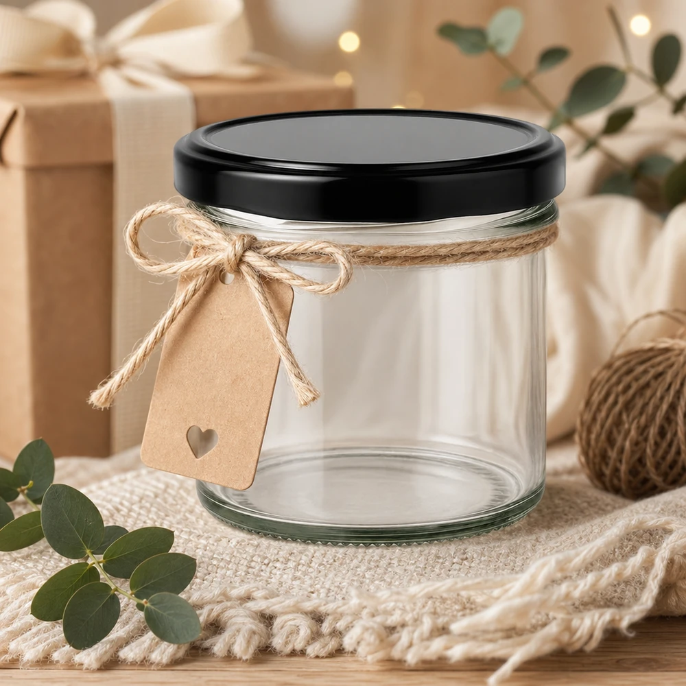125ml juomalasit, joissa on BasicSeal-kansi musta UNiTWIST-suljin 125ml tumblers mustalla kannella lahjaksi idea koristeltu juutti johto ja maalaismainen sydän riipus