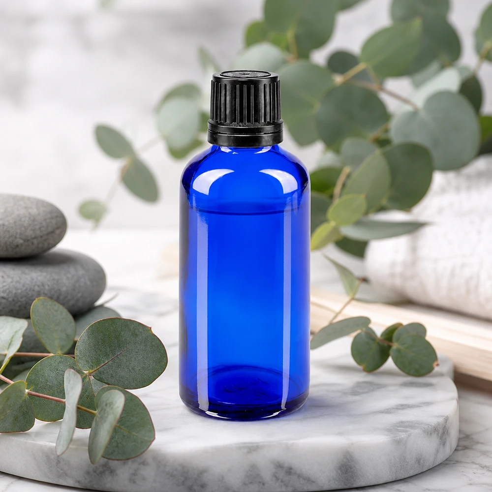 Apteekkipullo sininen 50ml ruuvikorkki musta valurengas peukaloinnin estävä sulkeminen Koboltinsininen 50 ml:n apteekkipullo, jossa on musta OV-korkki, marmoritaustalla ja eukalyptuksen kuvalla