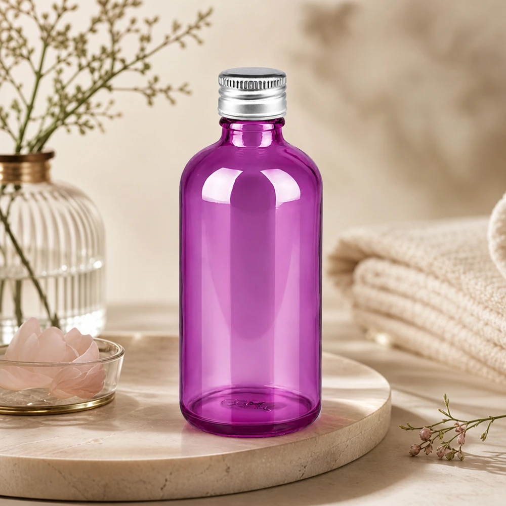 100ml pullo. 11mm ruuvikorkki alumiini-hopea vakio PurpleLine. UT18/100 Elegantti 100ml violetti lasipullo hopeisella korkilla DIY kosmetiikkaan ja luonnontuotteisiin.