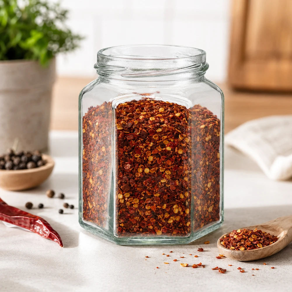 288ml Hexa-purkki ilman kantta (TO63) UNiTWIST UNiTWIST UNiTWIST Hexa288 kuusikulmainen lasipurkki 288ml täynnä chilihiutaleita modernissa keittiössä
