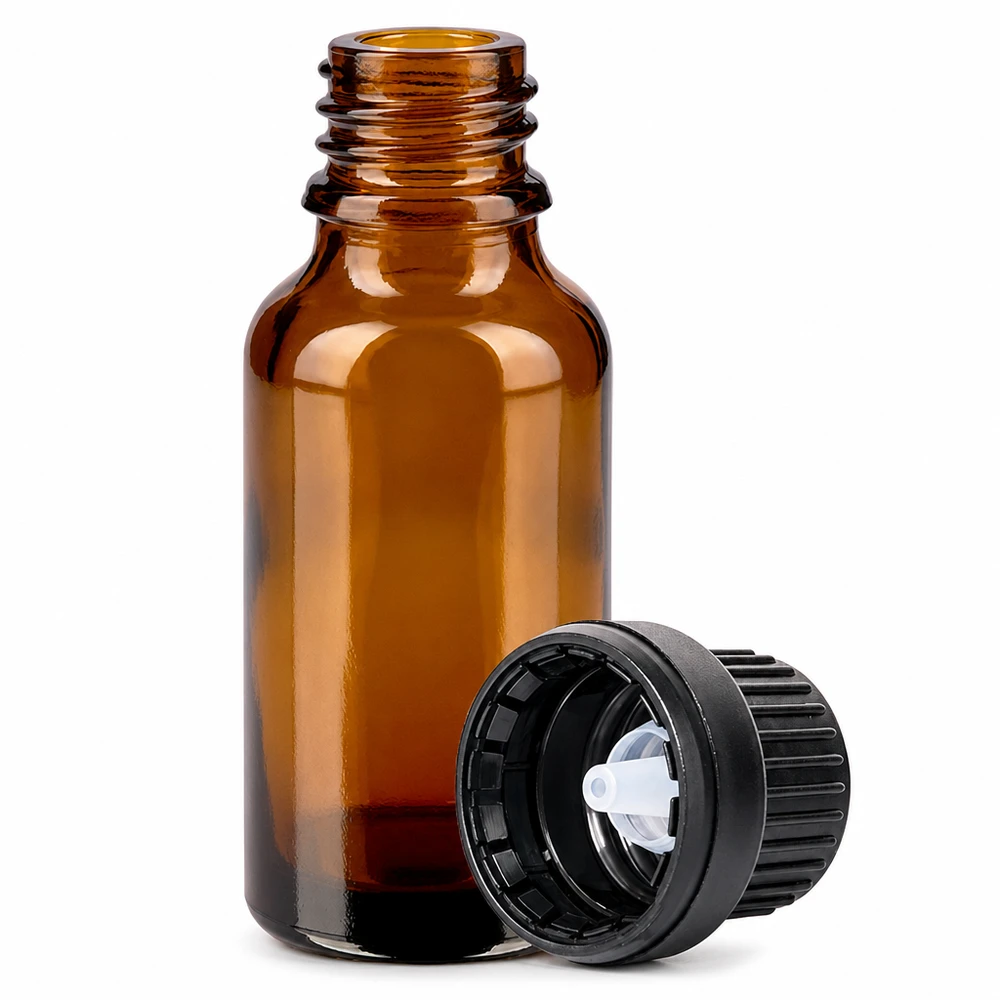 Ruskea lasipullo 10ml, jossa on 2mm tiputuslaite ja musta kierrekorkki aromaterapiaan