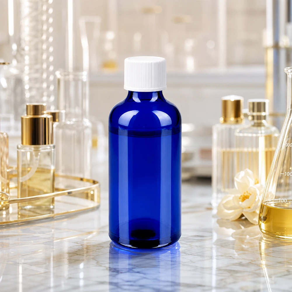 Kompakti 50ml apteekkipullo tyylikkäässä koboltin sinisessä värissä ja käytännöllisellä valkoisella korkilla.