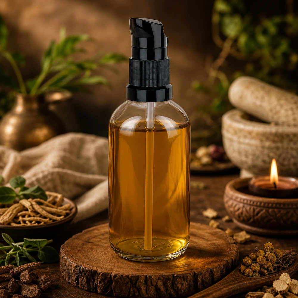 100ml pumppupullo musta vakiokorkki ClearLine UT18/100 Läpinäkyvä 100 ml:n pumppupullo, musta pumppu, meripihka-värinen öljy, puinen alusta, ayurveda-tunnelma