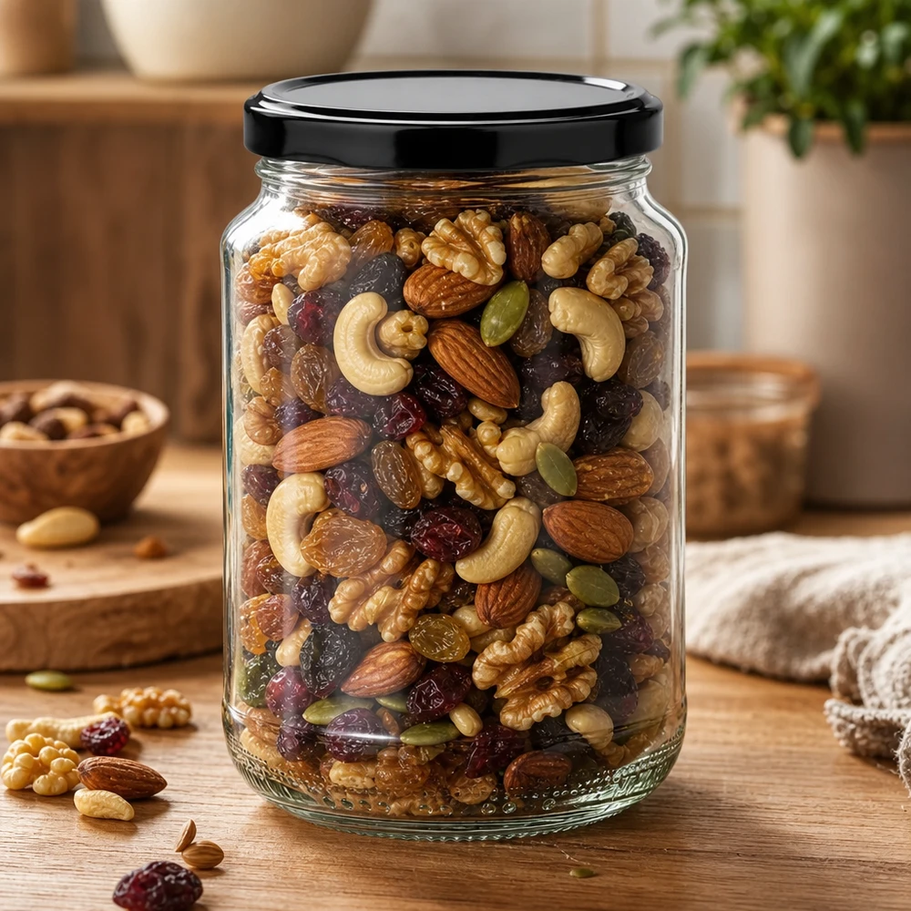 375 ml:n pyöreä purkki mustalla kannella, joka on täytetty pähkinäsekoituksella kuivattujen hedelmien ja pähkinöiden säilytyspurkkina.