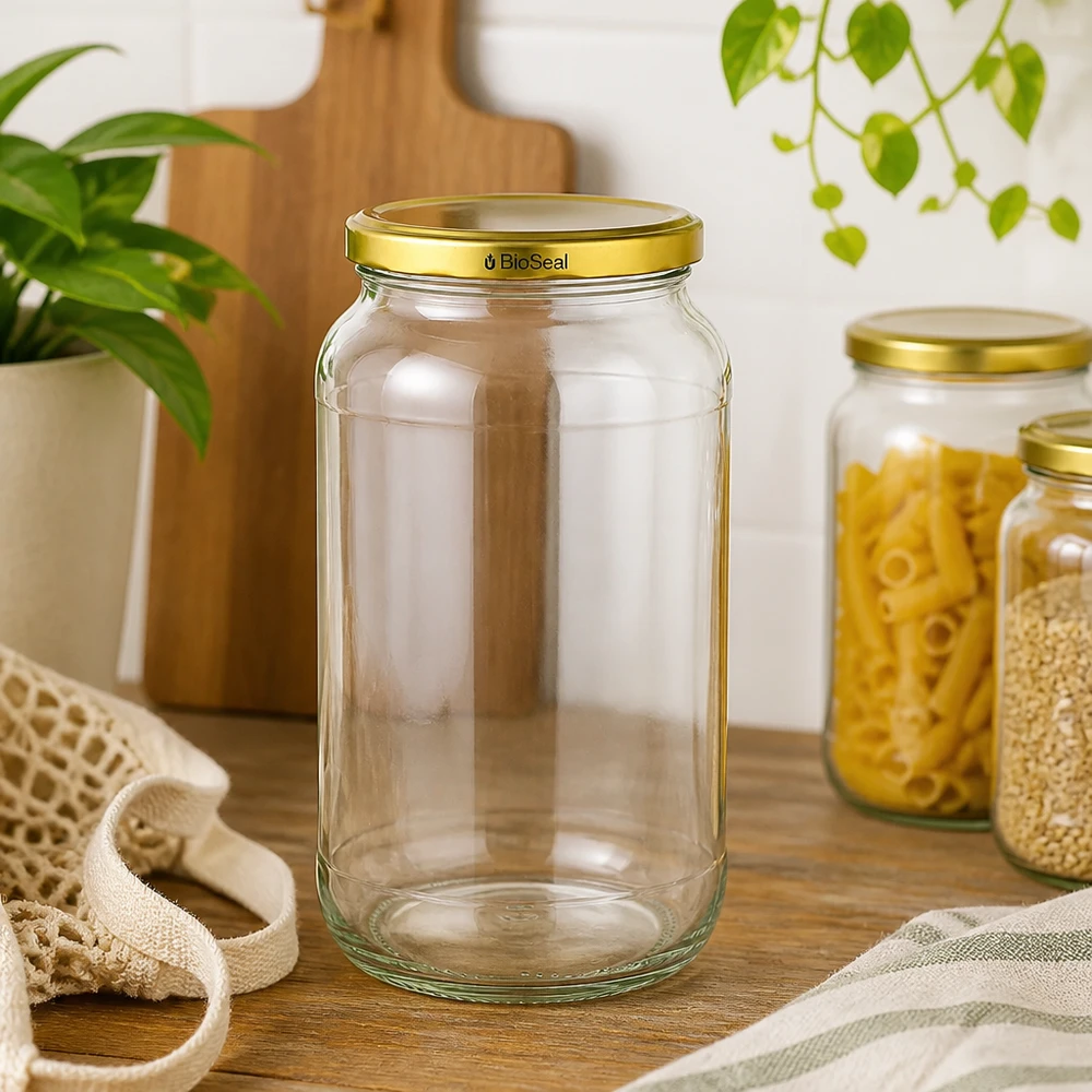 1062ml pyöreä purkki kultaisella UNiTWIST BioSeal-kannella. UNiTWIST Runda1062 säilytyspurkki tyhjä kultainen TO82 BioSeal kansi keittiö kohtaus pasta murot kestävä säilytysjärjestelmä