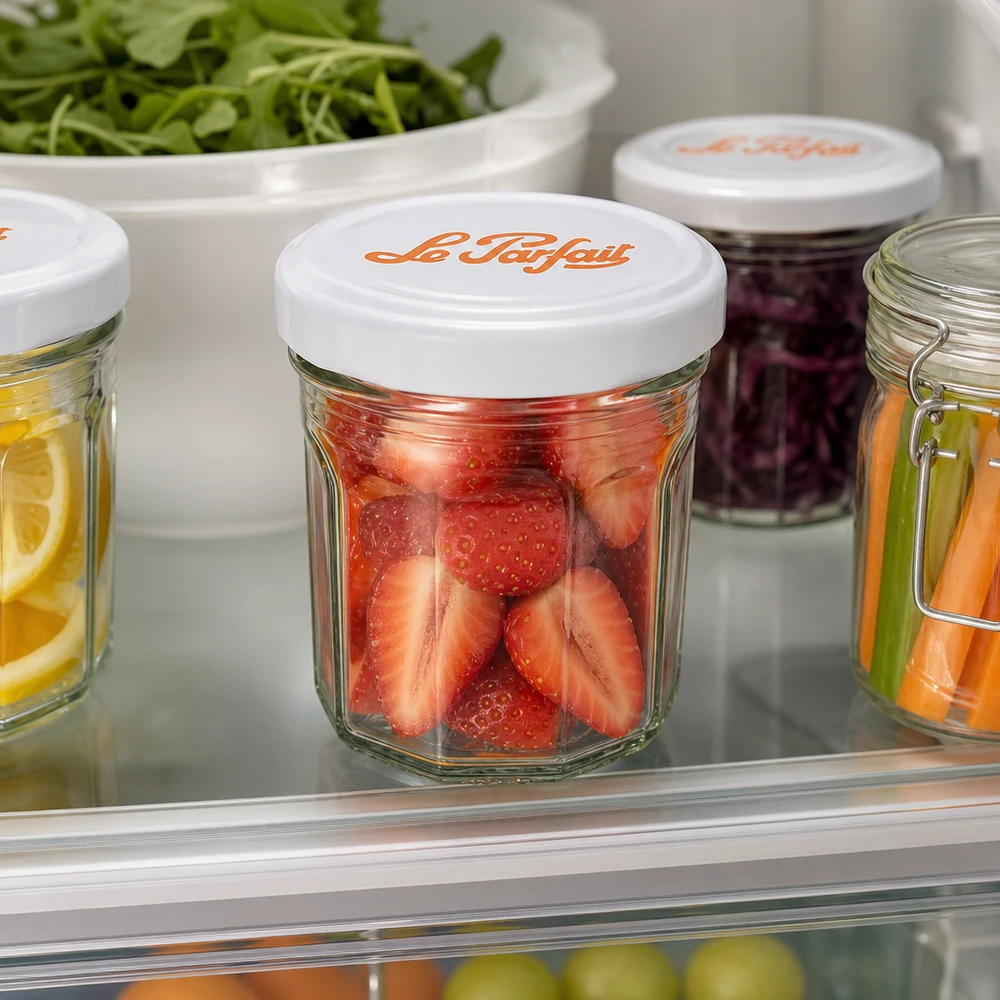 44ml Mini-Sturzglas "Jam" mit Schraubdeckel Le Parfait® Le Parfait Mini-Sturzgläser 44ml mit frischen Erdbeeren im Kühlschrank - praktische Aufbewahrung für Früchte