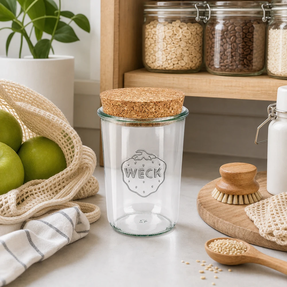 WECK tumblers 850ml RR100 korkkikannella kestävässä keittiössä säilytyspurkkien hedelmien ja puisten välineiden vieressä.