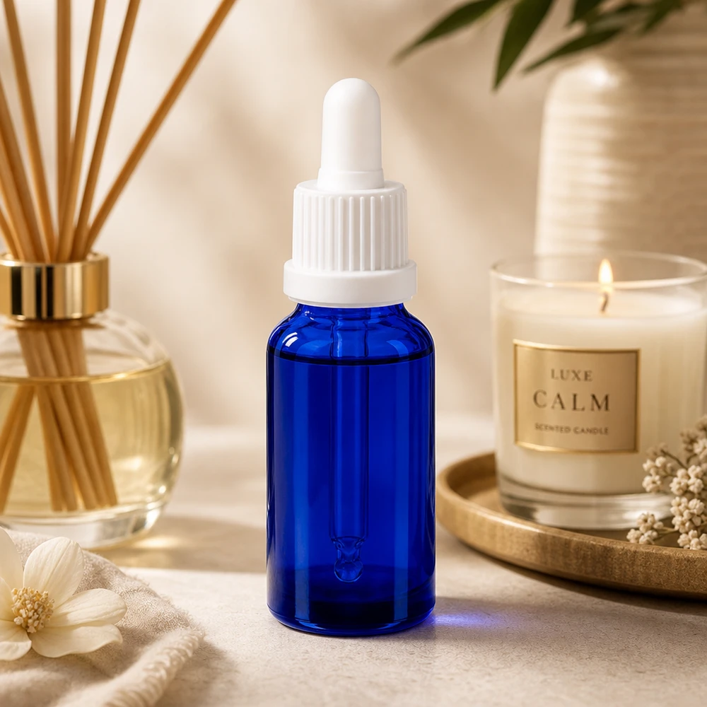 20ml pipettipullo valkoinen tamper-evident-suljin BlueLine UT18/20 Laadukas 20 ml:n lasipullo, jossa on tiputinpipetti intensiivisen sinisellä värillä seerumeille ja tinktuureille.