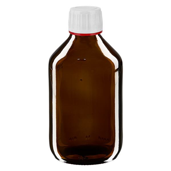 250ml lääkepullo ruskea, korkki valkoinen, jossa peukalointi-ilmoitusrengas punainen ApoGlas 250ml lääkepullo ruskea, korkki valkoinen, jossa peukalointi-ilmoitusrengas punainen ApoGlas