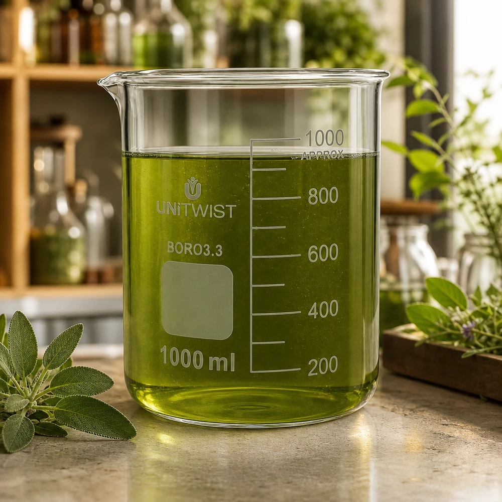 Lasi 1000ml borosilikaatti, matala muotti UNiTWIST UNiTWIST-lasikulho 1000 ml, borosilikaattia, matala malli, jossa on vihreää yrttiuutetta ja jota ympäröivät tuoreet yrtit