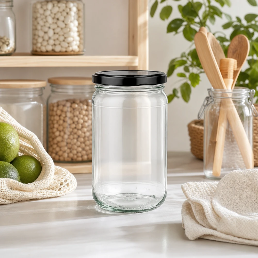 305ml Rundglas UNiTWIST mit schwarzem Deckel in moderner Zero-Waste Küche neben Holzutensilien und Limetten