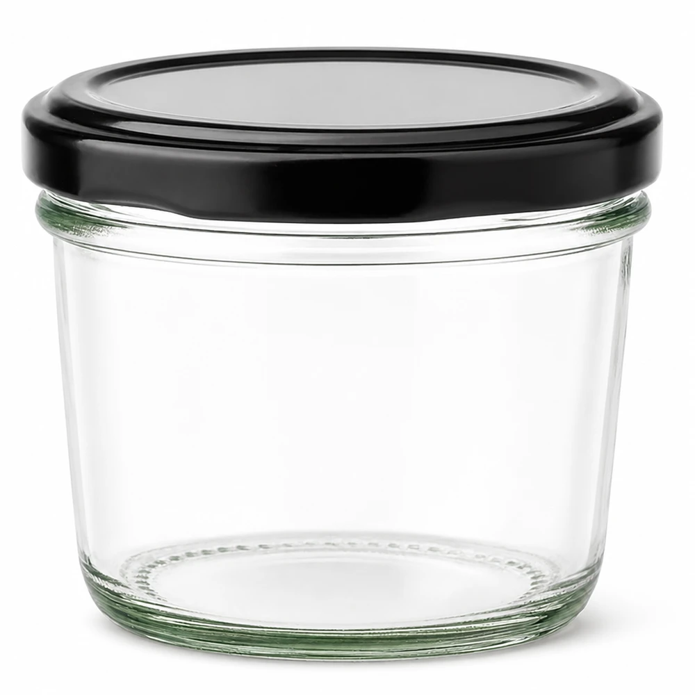 230 ml:n juomapullot, joissa on BasicSeal-kansi musta UNiTWIST 230 ml:n muurinpohjapurkki mustalla BasicSeal-kannella kirkkaasta lasista hilloille ja säilykkeille.