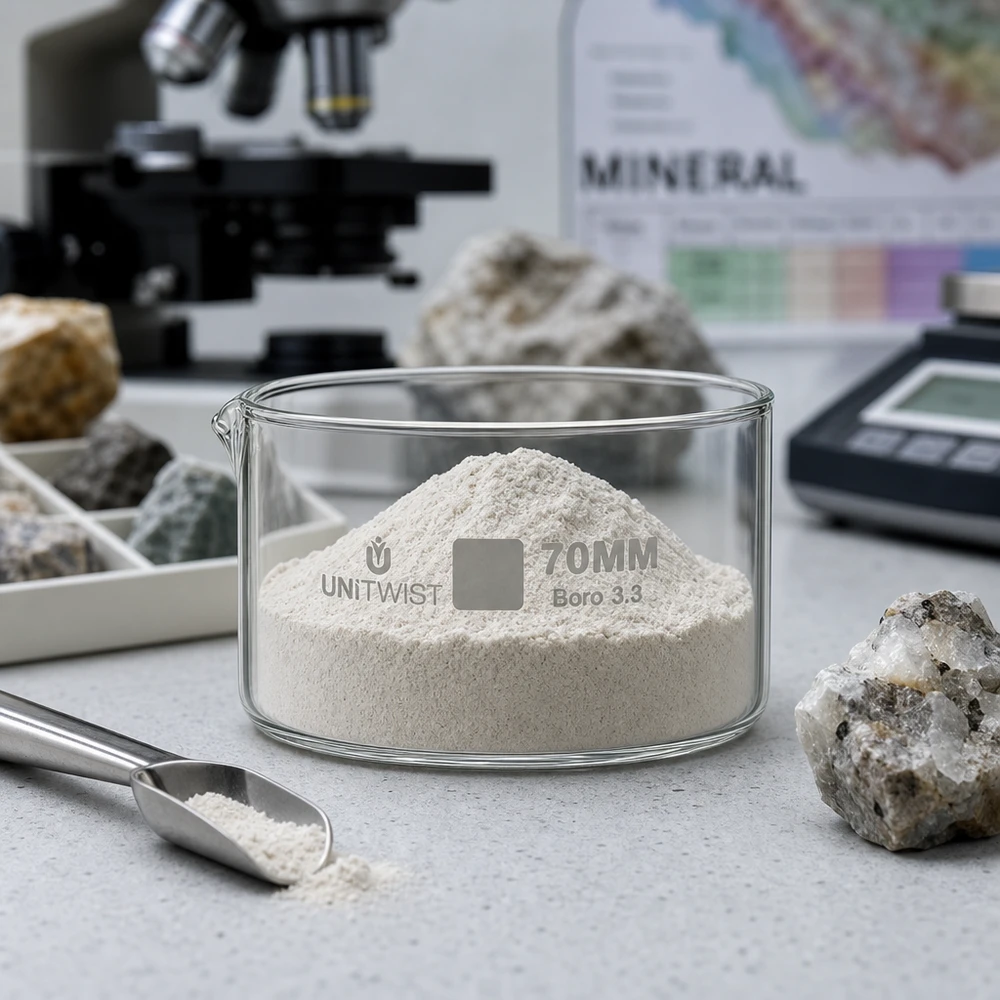 Kiteytysastia ø70mm borosilikaattilasi UNiTWIST 70 mm:n UNiTWIST Boro 3.3 -kiteytysastia, jossa on valkoista mineraalijauhetta geologian laboratoriossa