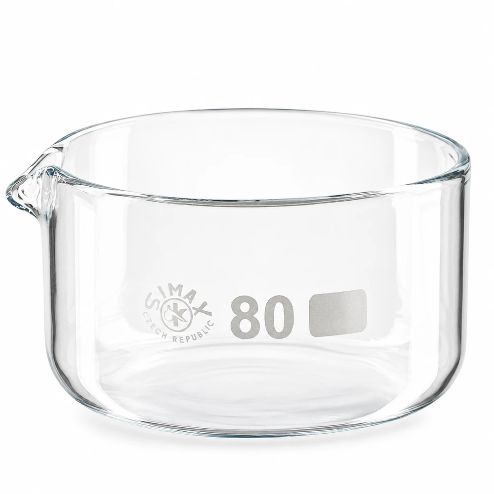150 ml:n kiteytysastia, jossa on kaatonokka, borosilikaattilasista, ø80 mm, valmistaja SIMAX Czech Republic